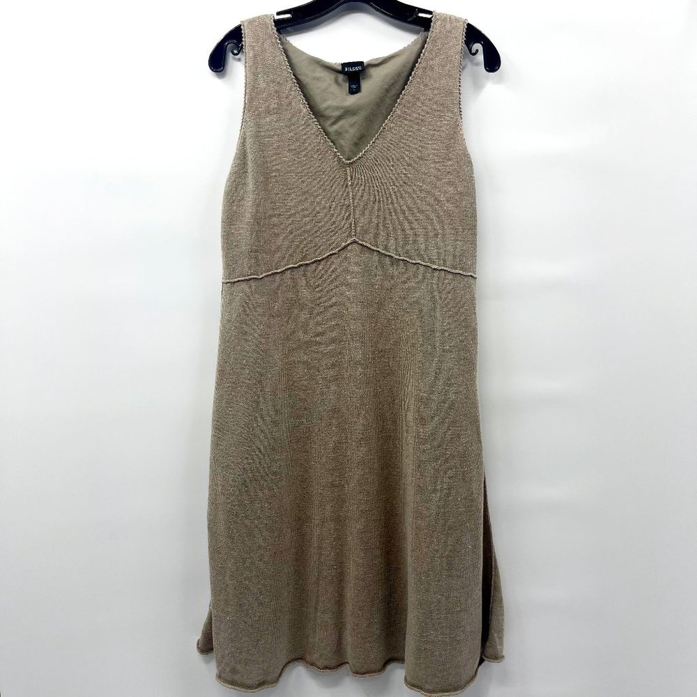 Eileen Fisher Linen Knit V Neck Tan Beige Dress